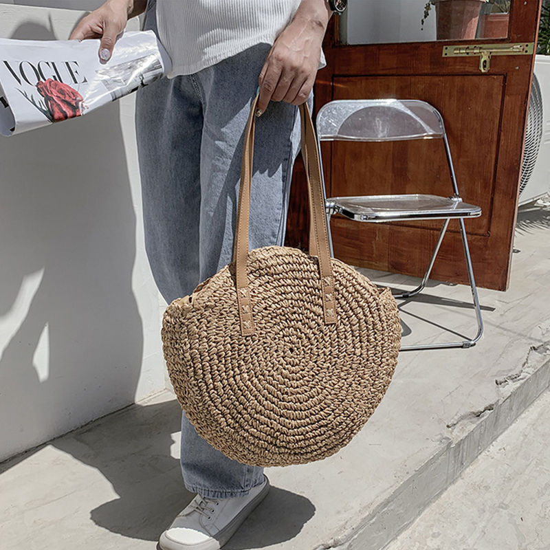 Thumbnail: Handheld round straw rattan bag for women