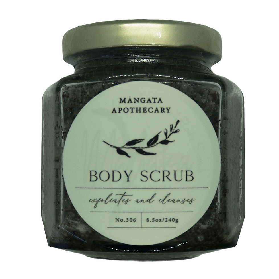 Mangata Apothecary Body Scrub jar with label reading: upfit and renew.