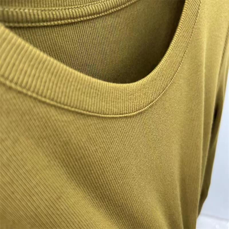 Thumbnail: Close-up of mustard yellow o-neck basic slim t-shirt