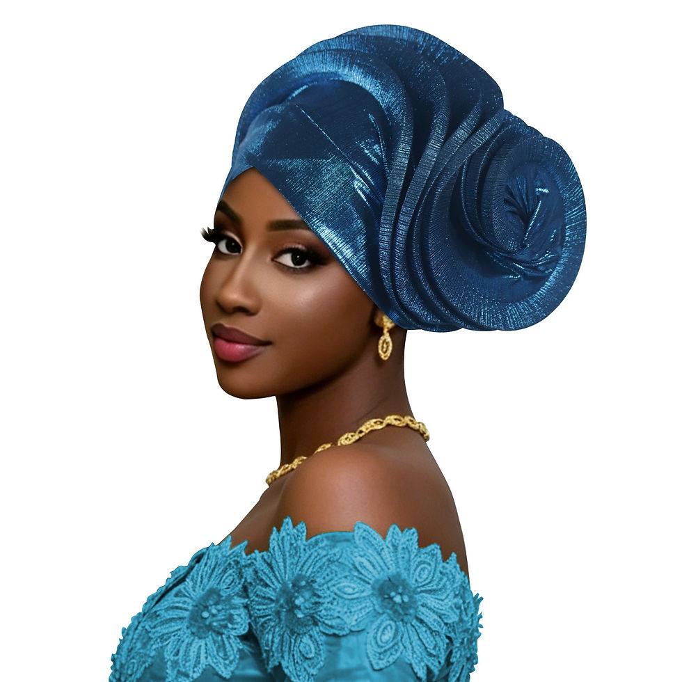 Thumbnail: Woman wearing a teal Elastic Ruffle African Headtie Turban