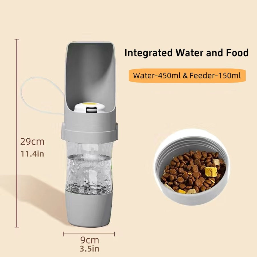 Integrated pet water and food dispenser with measurements.