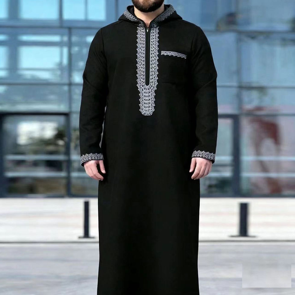 Thumbnail: Black hooded thobe with grey embroidery and long sleeves