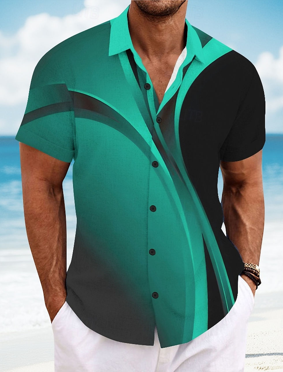 Thumbnail: Men's short sleeve geometric grid plaid Hawaiian shirt
