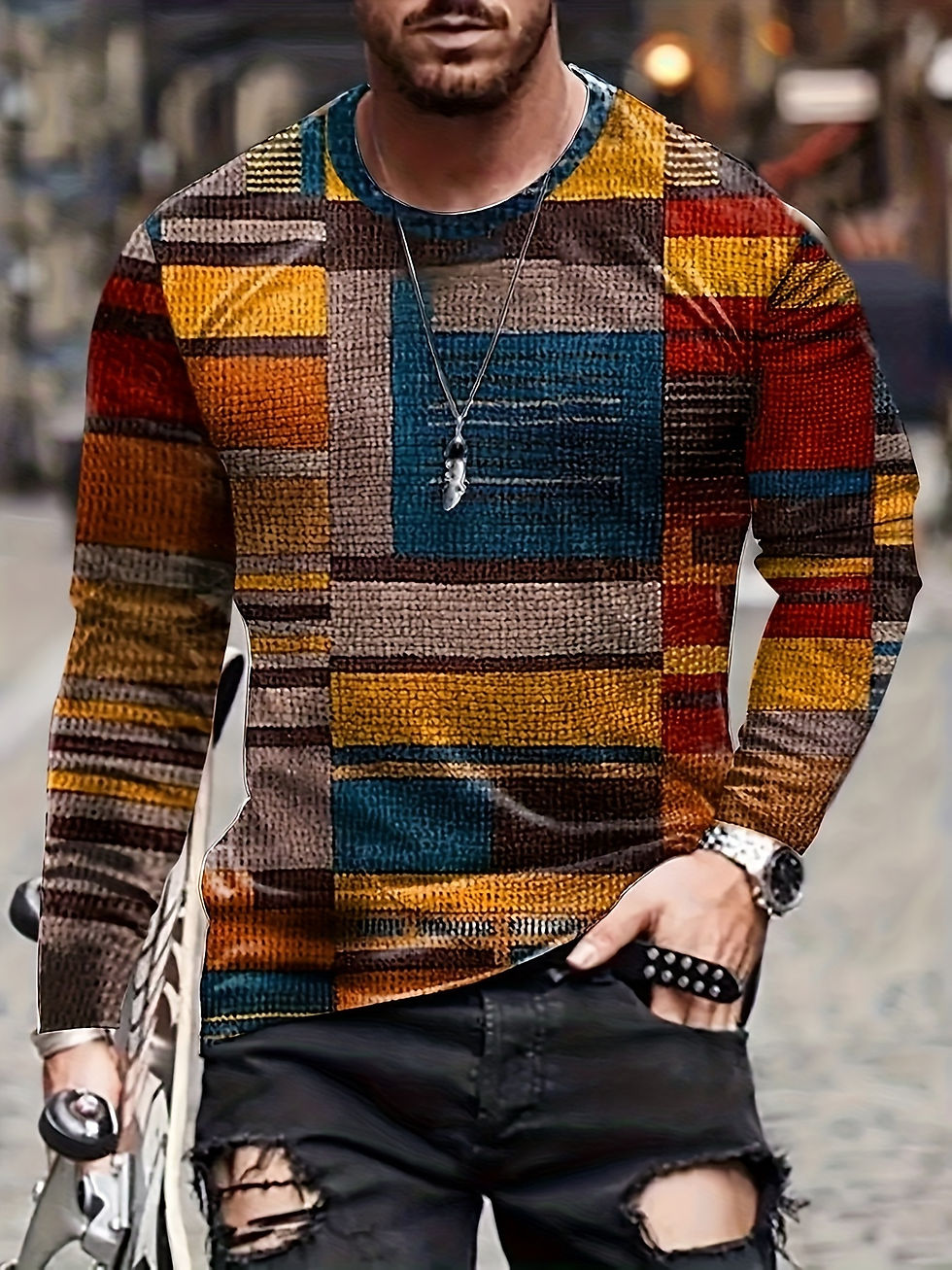 Men's colorful irregular plaid long-sleeved t-shirt