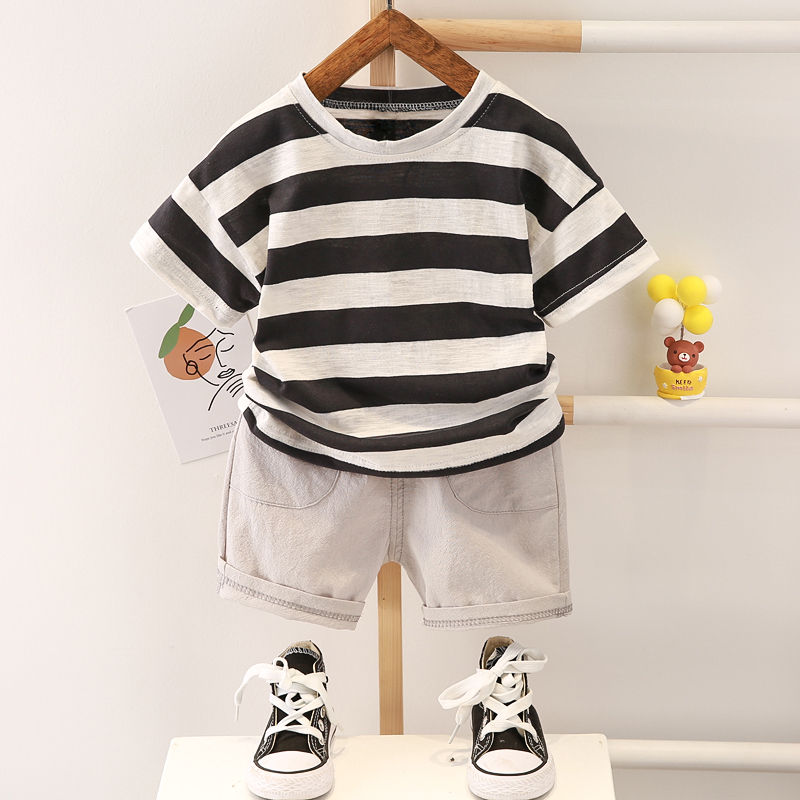 Children's striped t-shirt and grey shorts outfit set