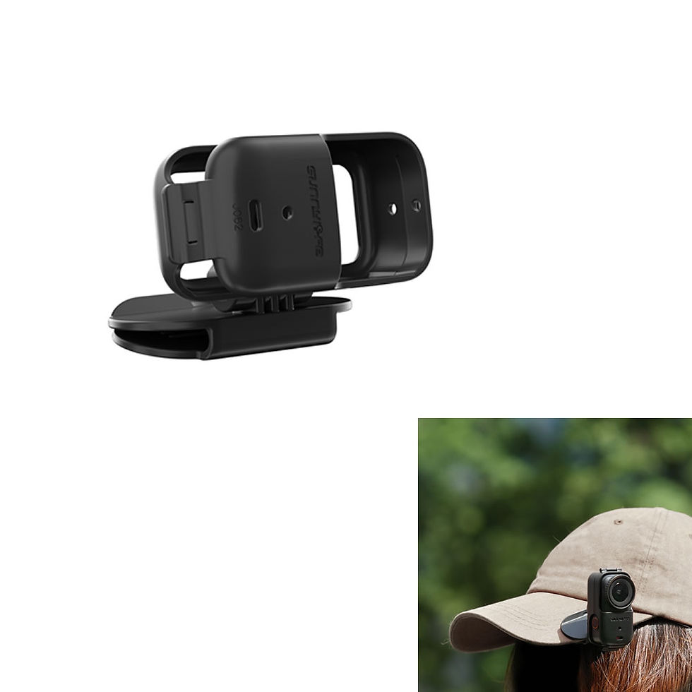 Thumbnail: Black DJI Osmo magnetic backpack clip mounted on a cap