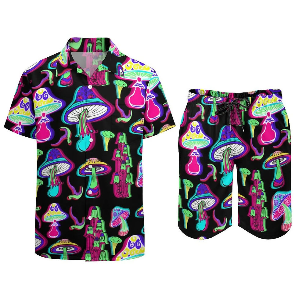 Thumbnail: Psychedelic magic mushroom printed shirt and shorts set.