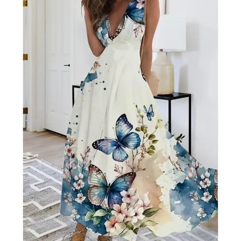 Sleeveless V-neck long dress with blue butterfly print.