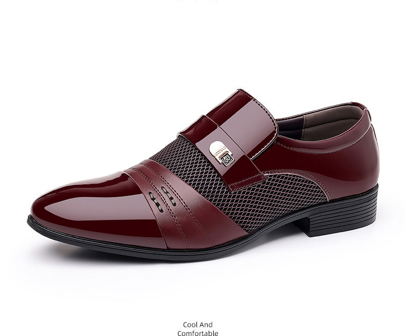 Thumbnail: Burgundy lacquer wedding shoes for men with pointed toe