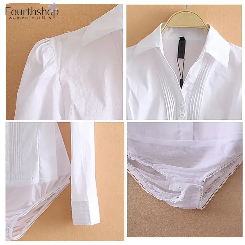 Thumbnail: White puff sleeve button-up bodysuit shirt with collar.