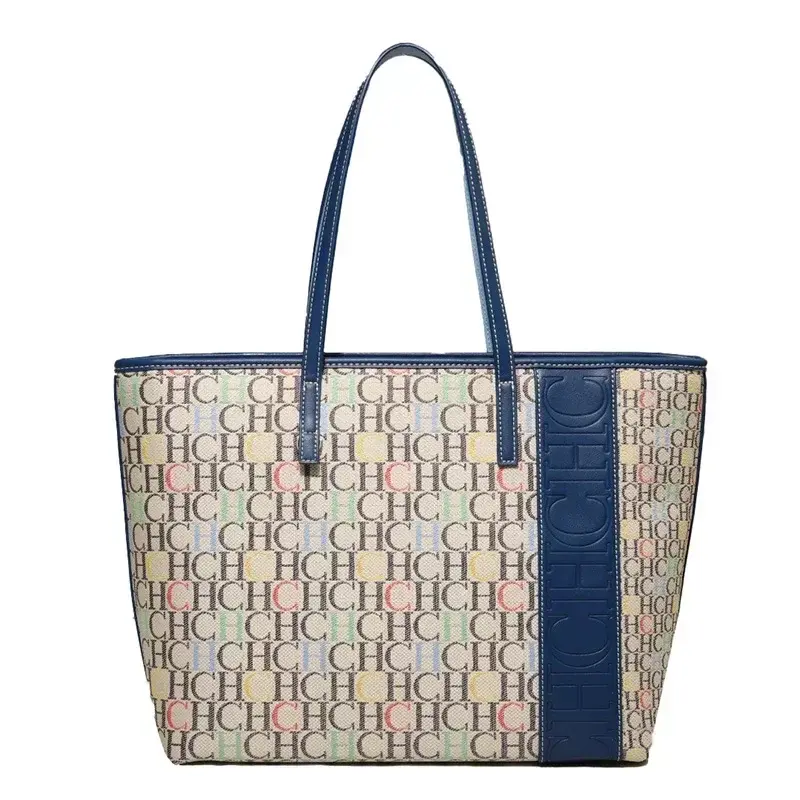 Thumbnail: CH monogram tote bag with blue trim and shoulder straps