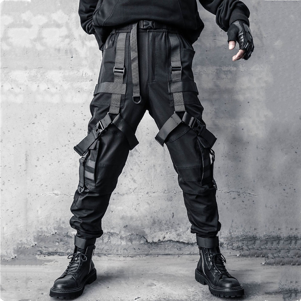 Man wearing techwear cargo pants with multi ribbons