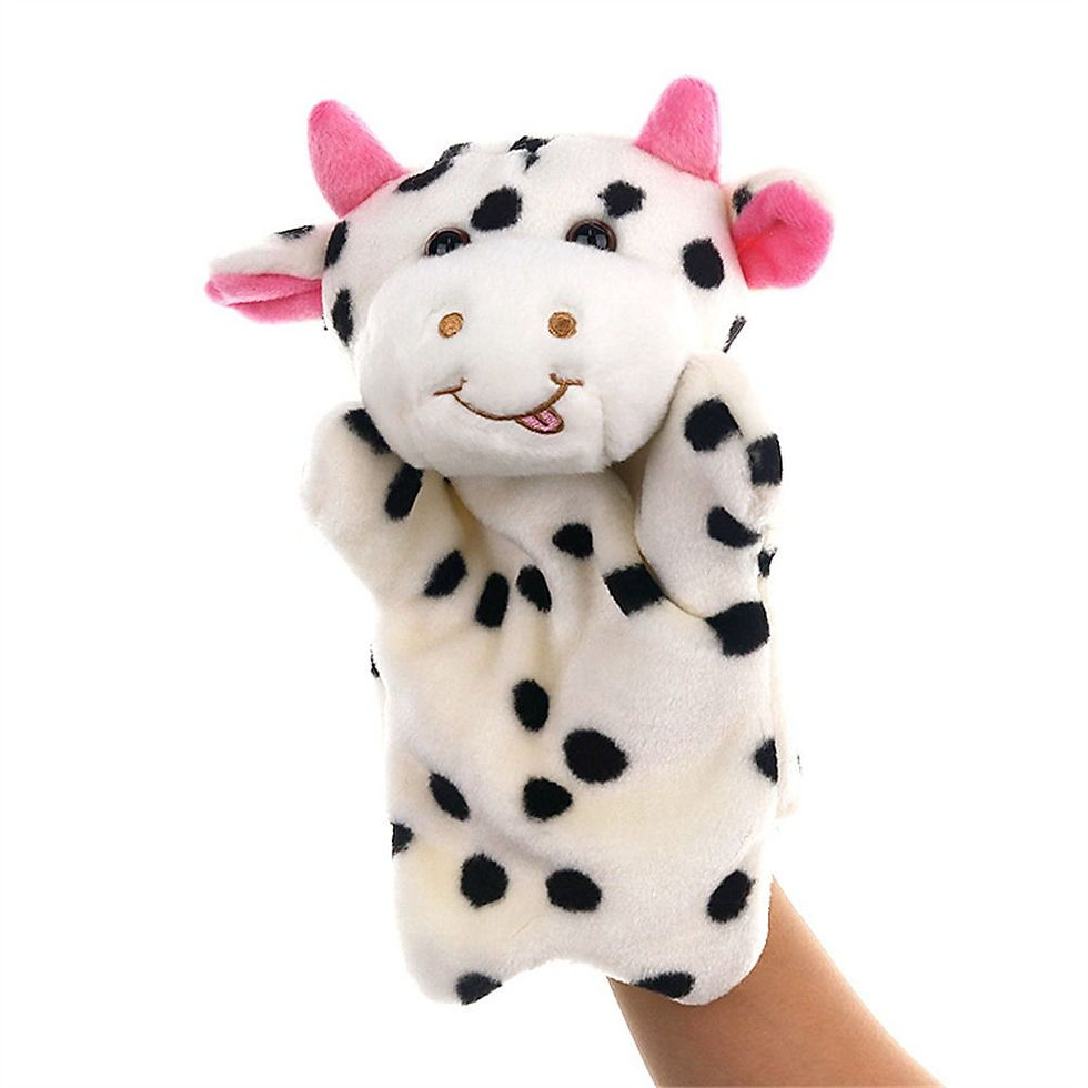 Thumbnail: Plush cow hand puppet with black spots and pink ears