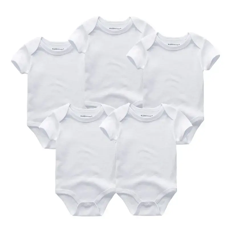 Thumbnail: Five white baby rompers. 5pcs/Lot Unisex Top Quality Baby Rompers Short Sleeve Cotton O-Neck 0-12m.