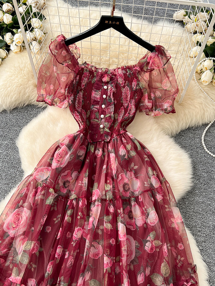 Thumbnail: Summer floral French mesh dress with slash neck