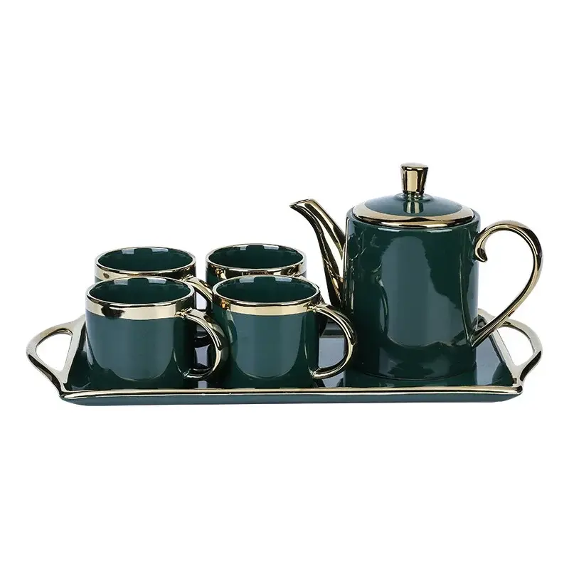 Thumbnail: Luxury green ceramic coffee cup and teapot set on tray