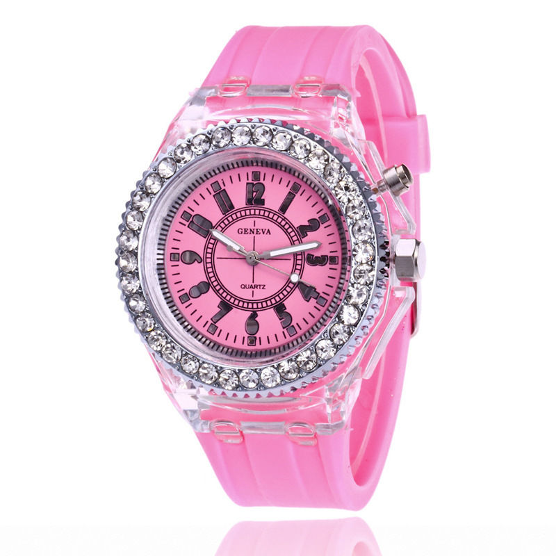 Thumbnail: Pink rhinestone Geneva watch with silicone strap
