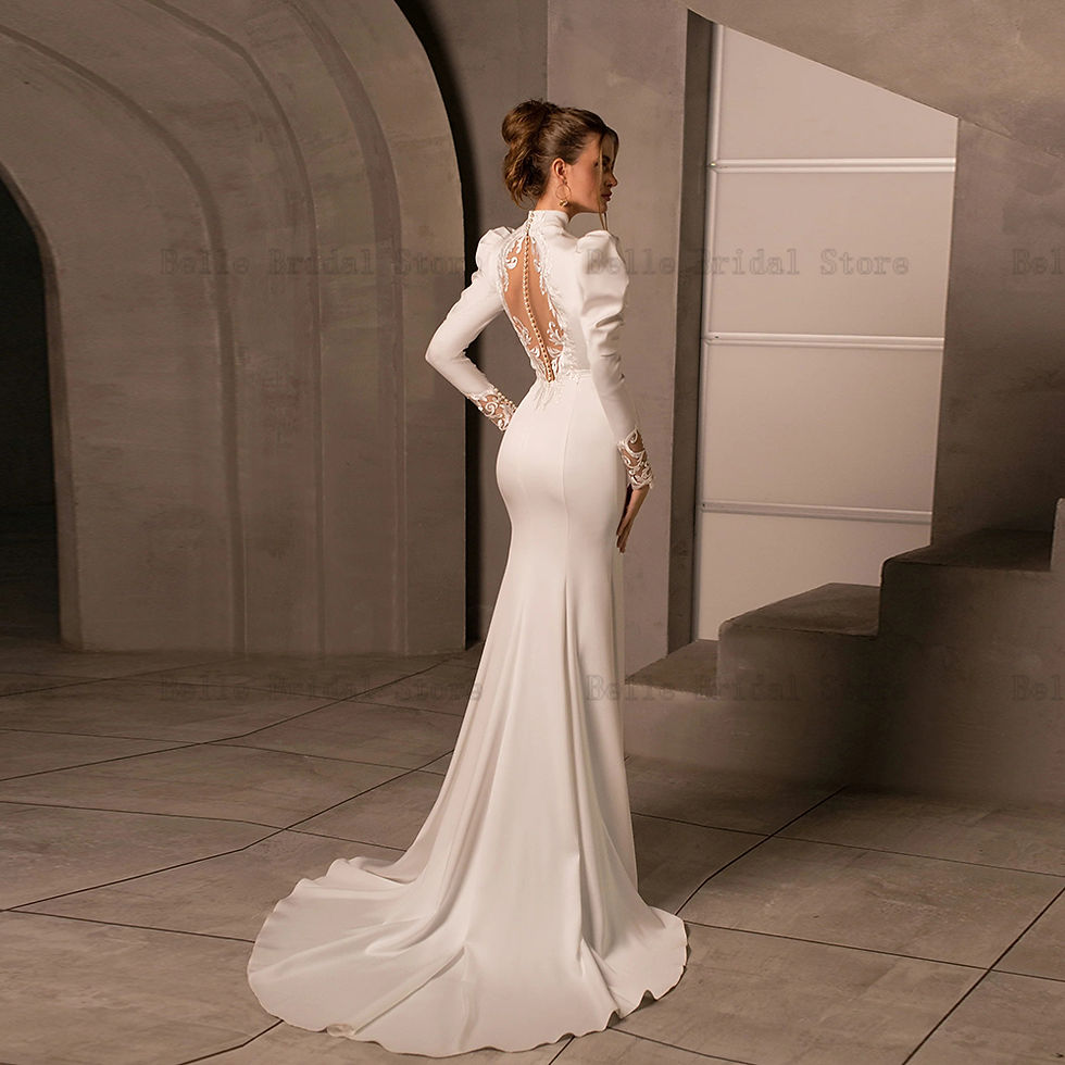 Thumbnail: Backless mermaid bridal gown with high neck and long sleeves