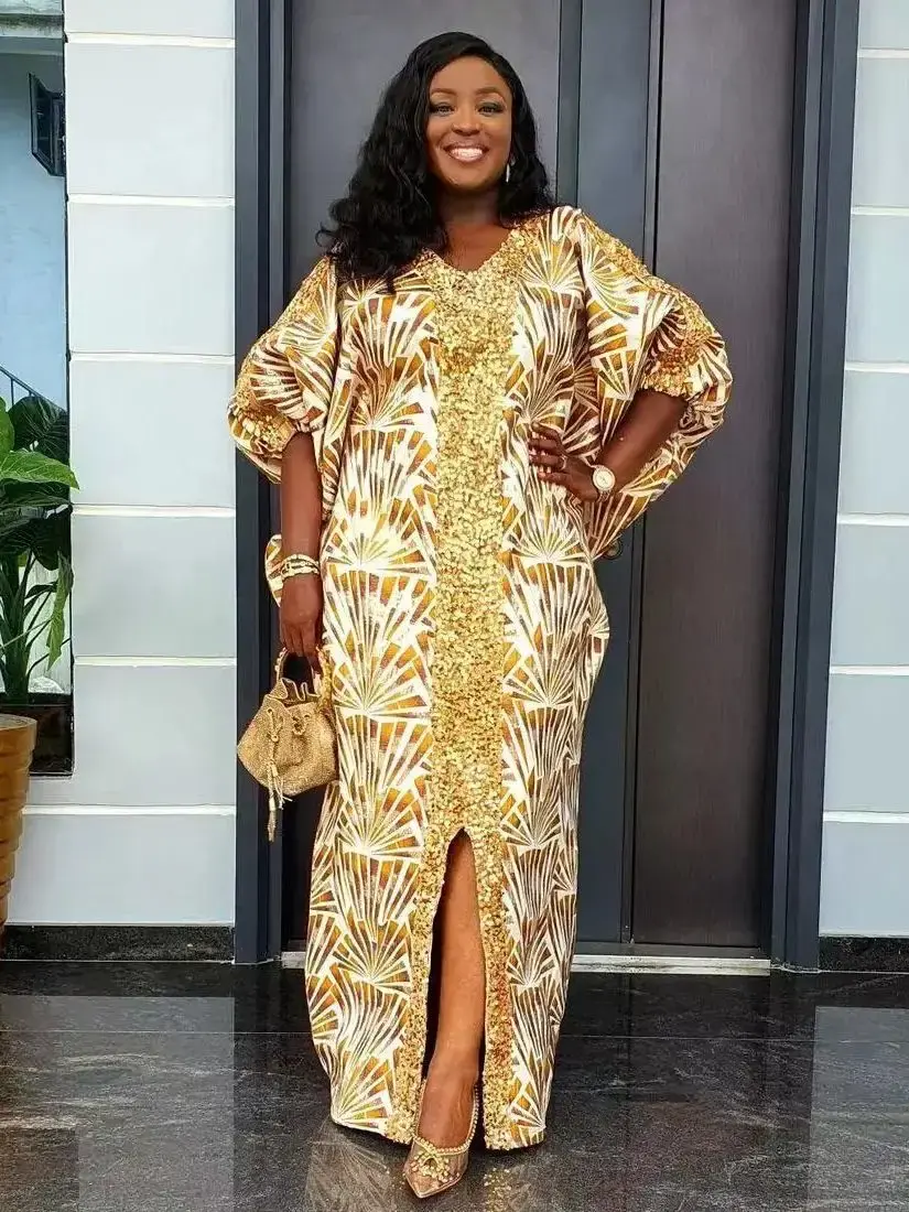 Thumbnail: Gold luxury Dubai abaya with African fashion design