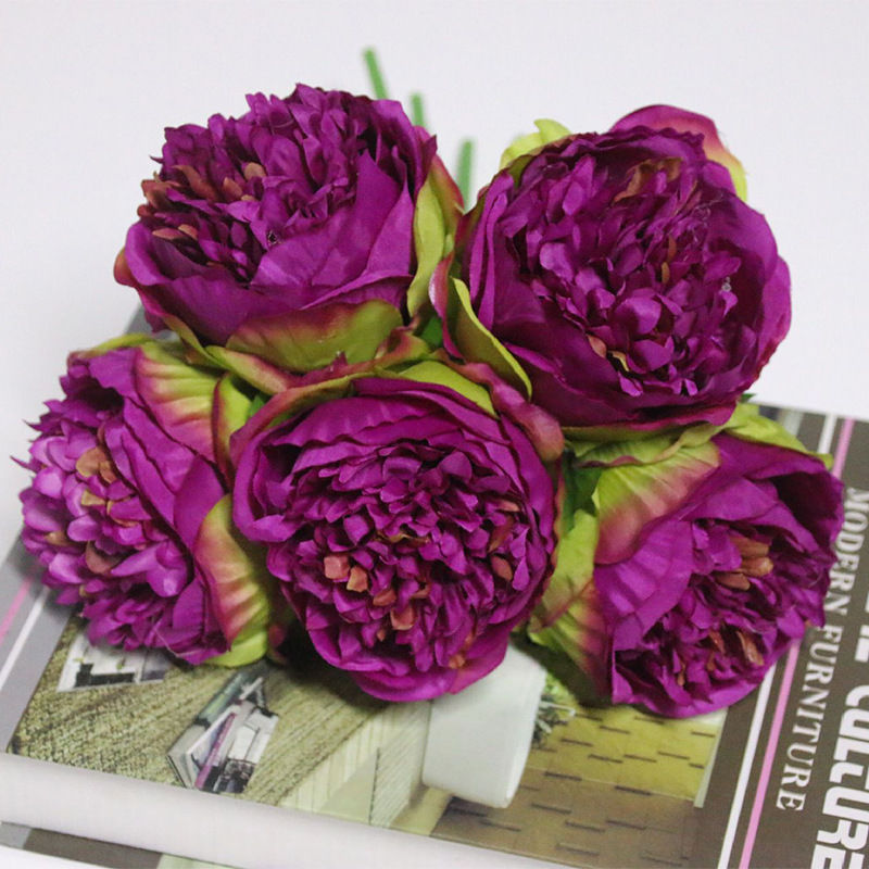 Thumbnail: Purple artificial peony bouquet with 5 silk flower heads