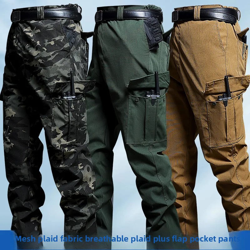 Men's tactical work pants in camo, green, and khaki.