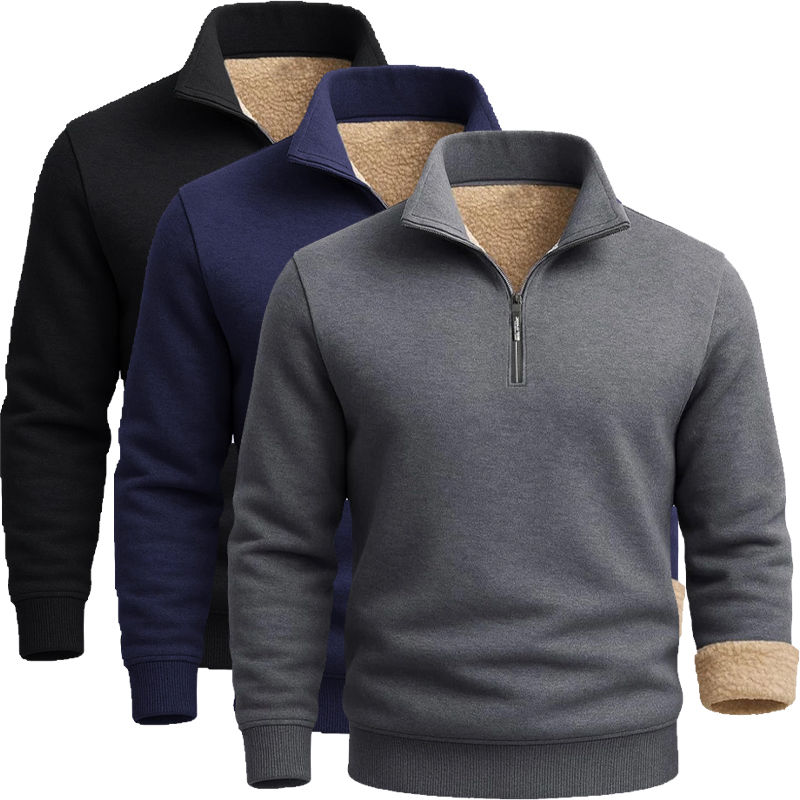 Thumbnail: 3 pack of men's sherpa lined zip pullovers in black, blue, and grey.