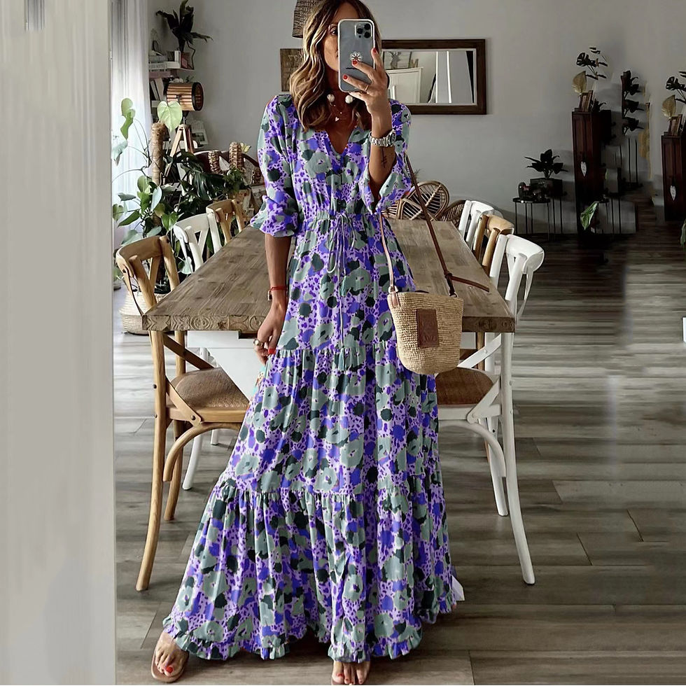 Thumbnail: Woman in a purple floral maxi dress taking a mirror selfie