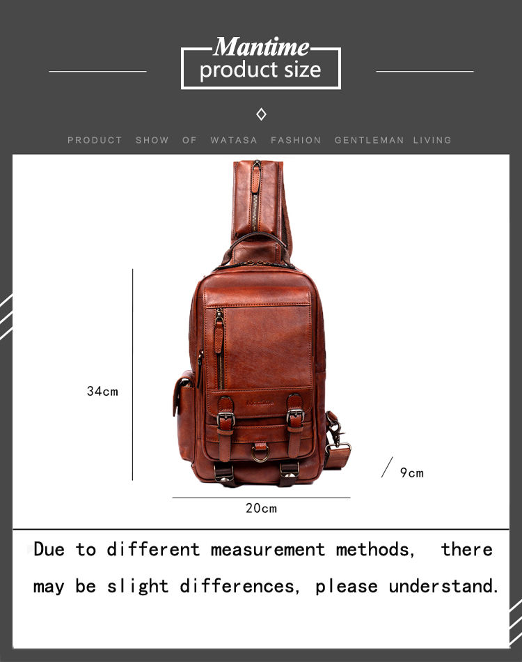 Thumbnail: Men's handmade leather chest bag with dimensions: 34cm height, 20cm width, 9cm depth.