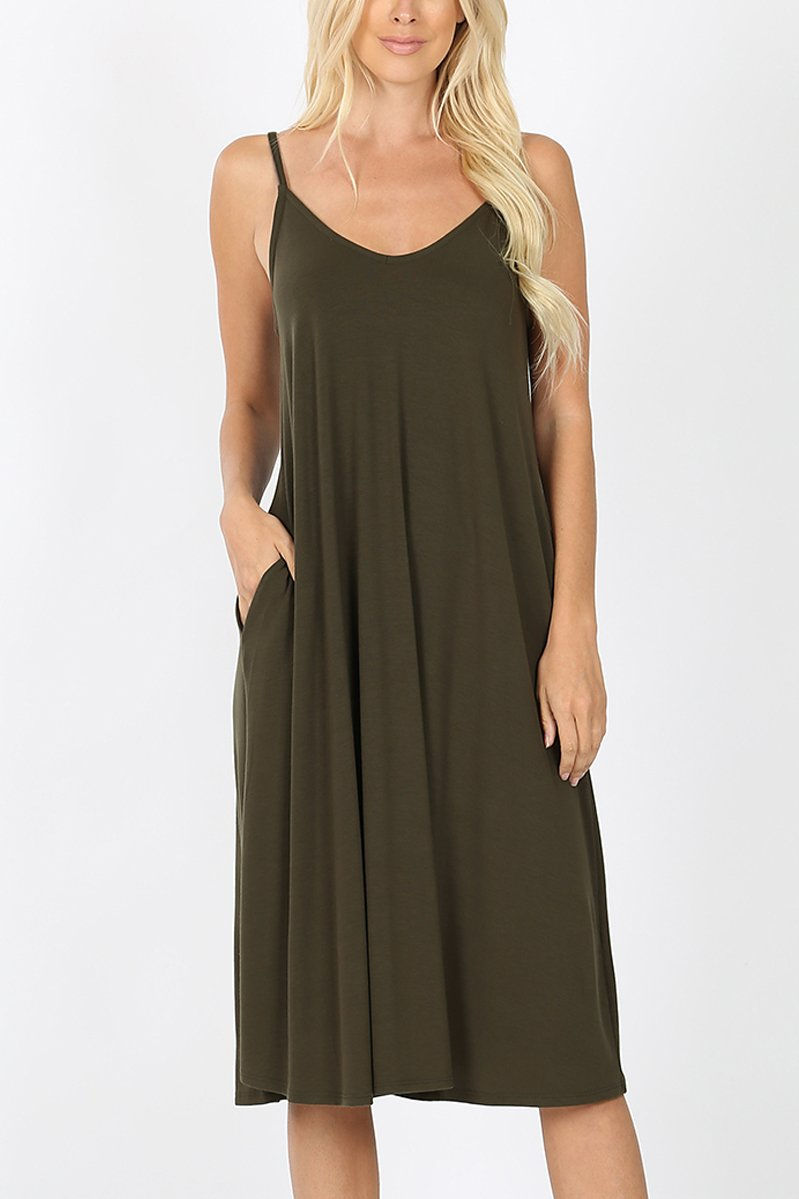 Thumbnail: Woman models Premium Fabric V-Neck Cami Knee Length Dress, olive green, with pockets.