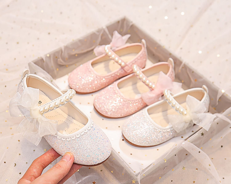 Thumbnail: Soft shiny pink and white children's moccasin shoes