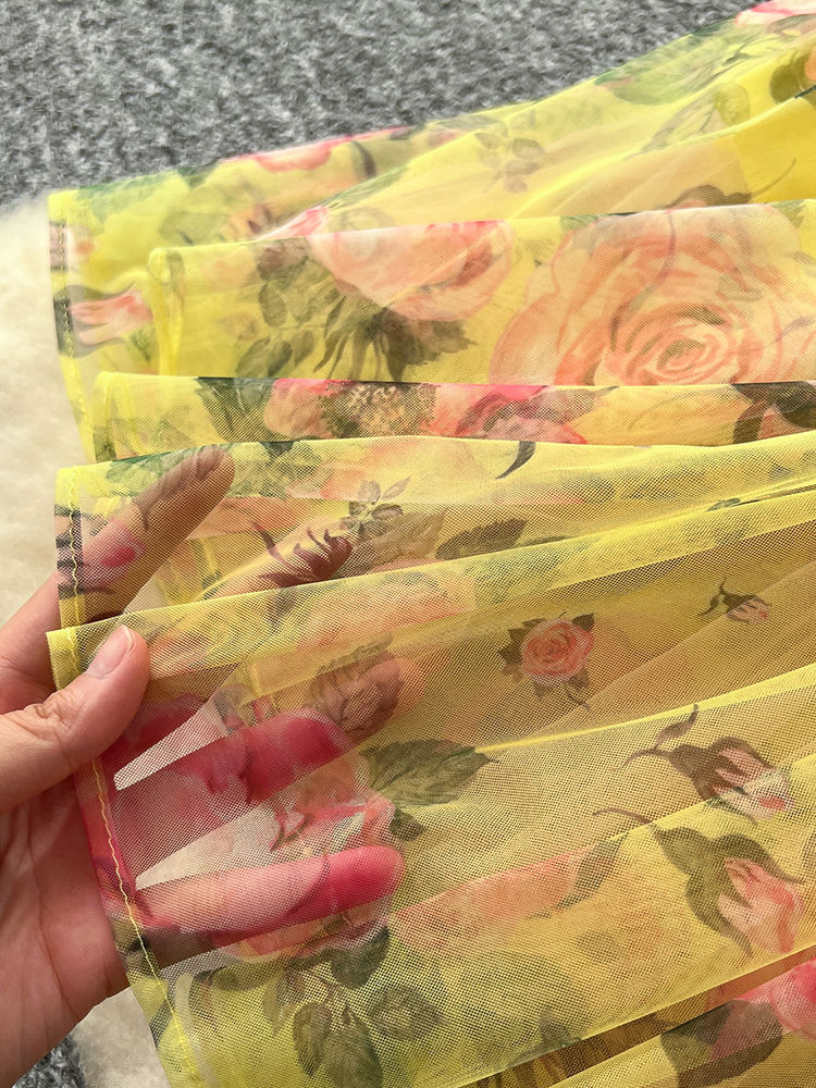Thumbnail: Sheer yellow mesh fabric with pink rose print details