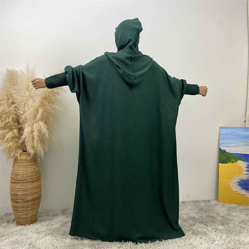 Thumbnail: Back view of hooded dark green Muslim prayer abaya