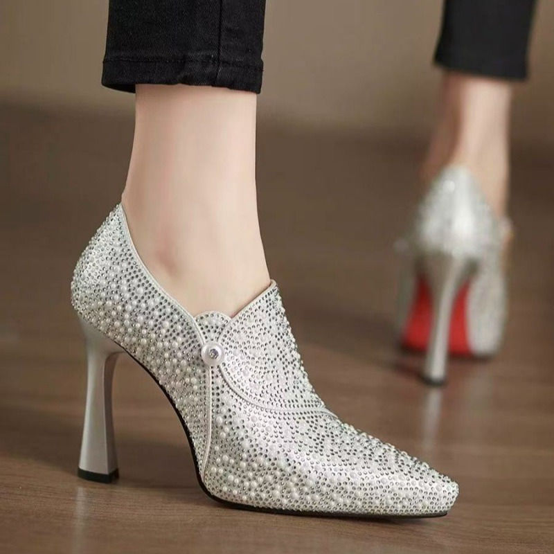 Thumbnail: Silver rhinestone pointed toe high heels with pearl accents