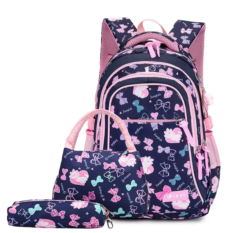 Thumbnail: Navy blue backpack set with pink bows and hearts design for school