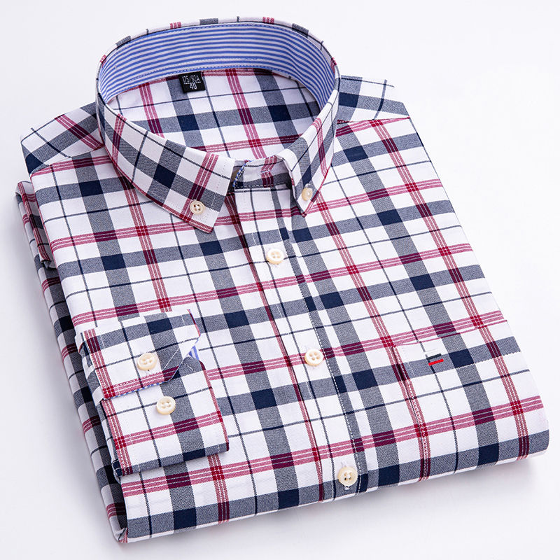 Thumbnail: Folded red and blue plaid cotton Oxford long-sleeve shirt