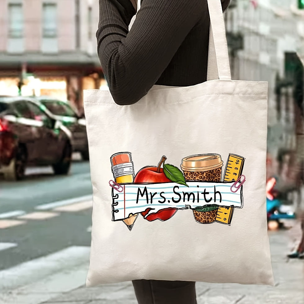 Thumbnail: Mrs. Smith personalized teacher tote bag with school icons