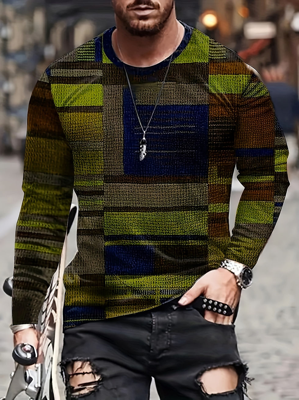 Thumbnail: Men's long-sleeved t-shirt with colorful irregular plaid pattern