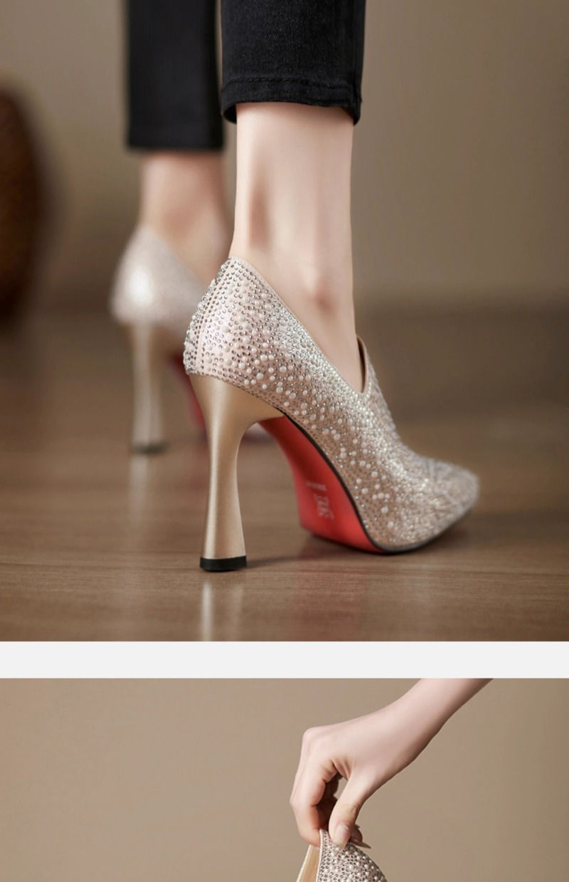 Thumbnail: Champagne rhinestone pointed toe high heels with red soles