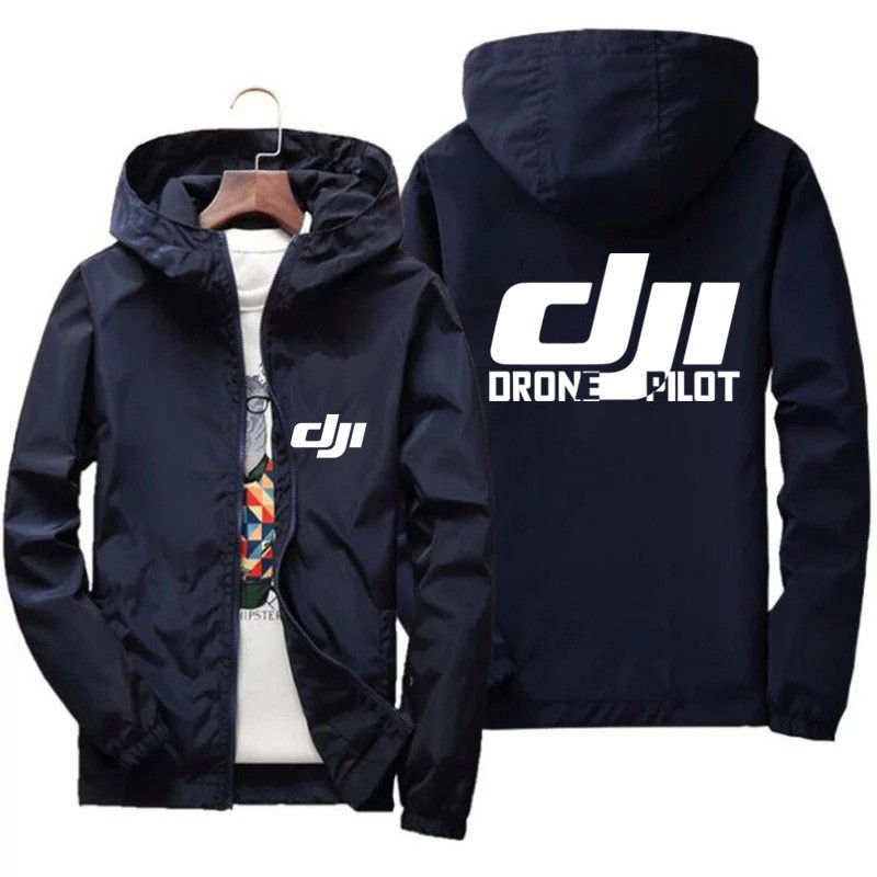 Thumbnail: Navy DJI Drone Pilot hooded bomber jacket front and back