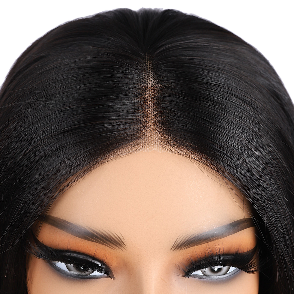 Close-up of black hair parting on a mannequin head.