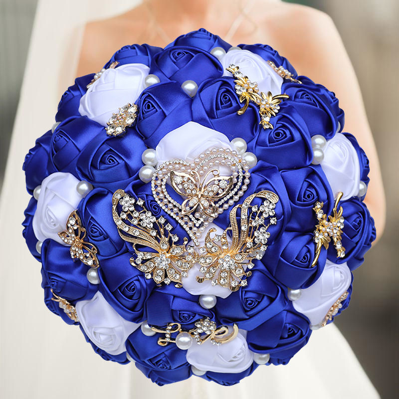 Thumbnail: Royal blue and white silk rose bridal bouquet with rhinestones