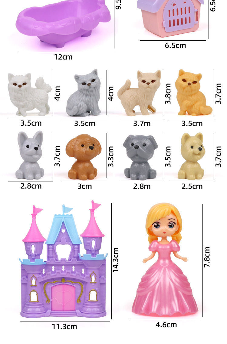 Thumbnail: Mini animal figurines, doll, and castle with dimensions.