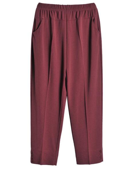 Thumbnail: Maroon straight-leg trousers with elastic waistband