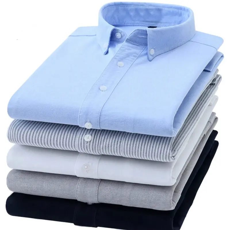 Stack of folded men's long sleeve shirts in various colors.