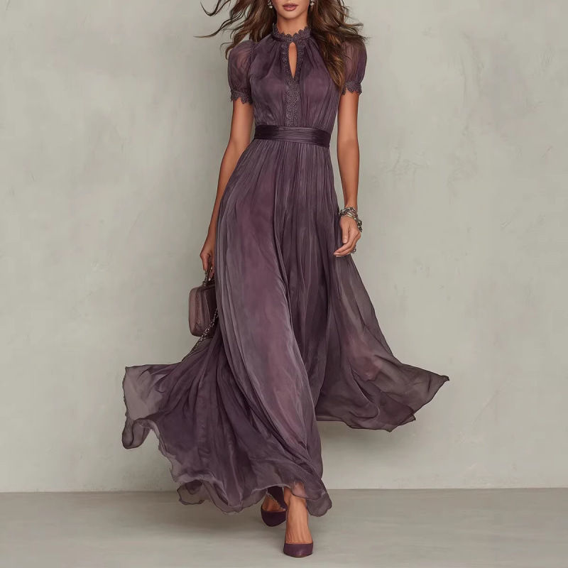 Thumbnail: Woman wearing a mauve V-neck waist cinched maxi dress