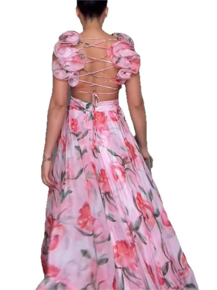 Thumbnail: Back view of pink floral chiffon long dress with ruffles