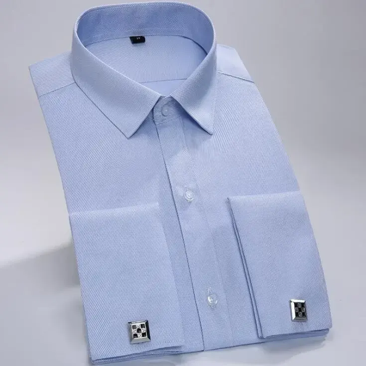 Thumbnail: Light blue French cuff tuxedo shirt with silver cufflinks.
