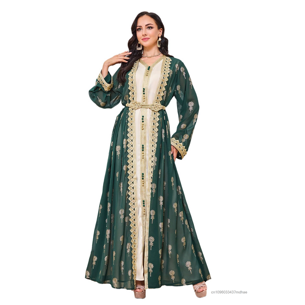 Thumbnail: Elegant green embroidered Middle Eastern robe cardigan dress