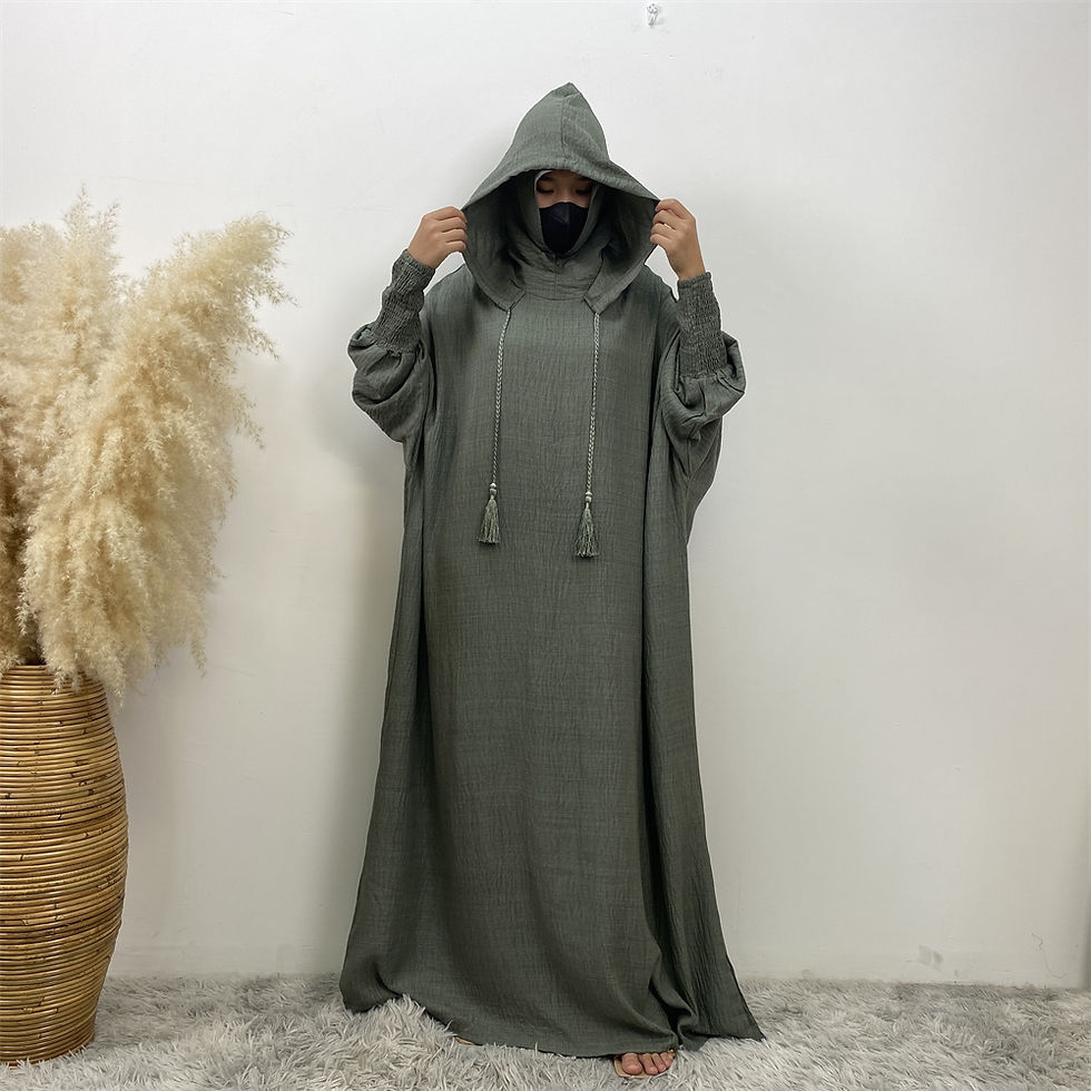Thumbnail: Woman wearing olive green hooded abaya prayer clothing