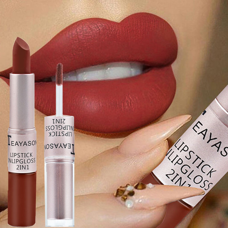 Thumbnail: Red matte lipstick and double head lip gloss on lips